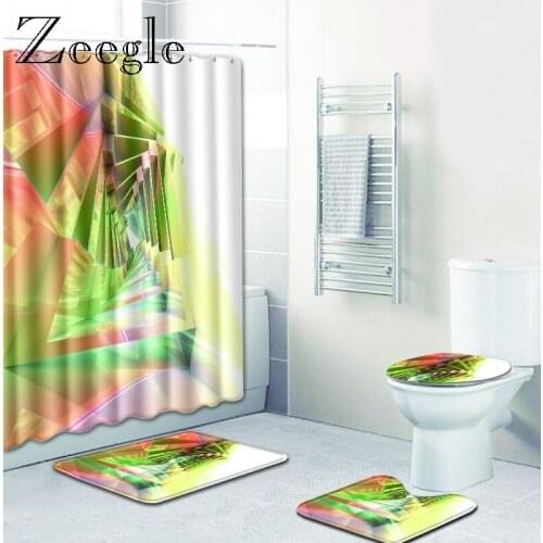 Zeegle Geometric Printed Rug for Bathroom Microfiber Bath Mat Shower Carpet 3 pcs with Shower Curtain Bathroom Mats and Rugs