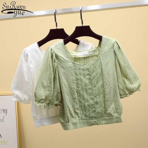 Korean Chiffon Blouse Solid Square Collar Top Woman Lantern Sleeve Super Short Womens Shirts Short Sleeve Top Blusa 9880