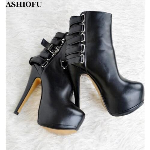 ASHIOFU Handmade Ladies High Heel Boots Real Photos Sexy Club Platform Party Ankle Boots Buckles-deco Evening Fashion Boot Shoes