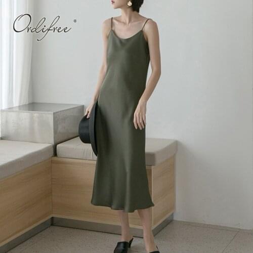 Ordifree 2021 Summer Women Satin Slip Dress Spaghetti Strap Backless Green Black Sexy Party Midi Dress