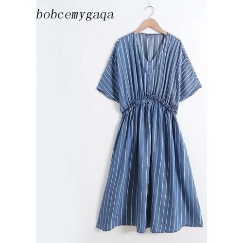 Striped long denim dress women short sleeve v neck summer jeans dress ladies casual streetwear long dress vestidos mujer