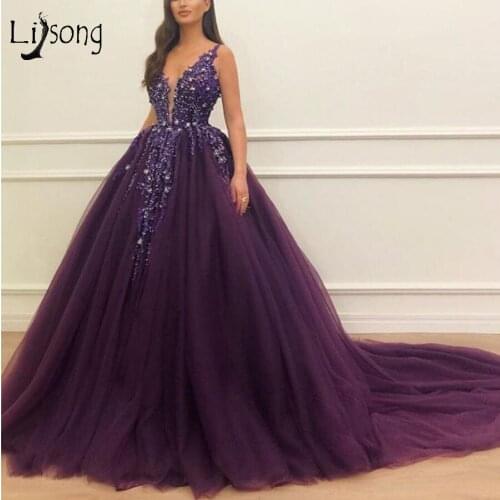 Pretty Dark Purple Tutu Evening Dresses Crystal Lace Beaded Ball Gowns Long Prom Gowns Lace Up Plus Size Abendkleider