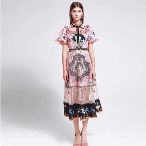 IVY HE Summer Mermaid Print Patchwork Embroidery Mesh Sequined Dress Womens Flare Sleeve Bow Collar Star Moon Runway Dress Traf