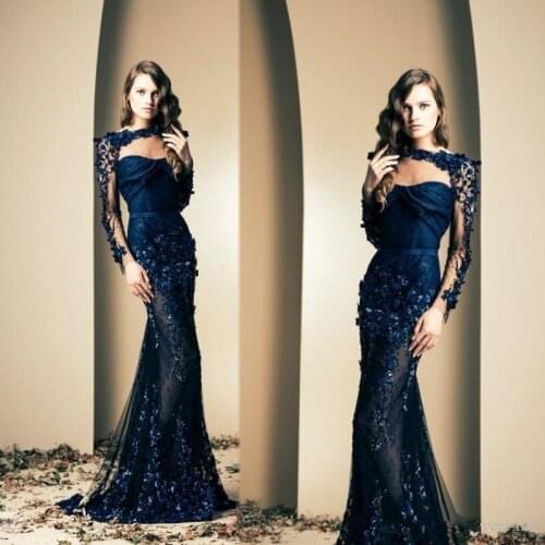 Navy Blue Evening Dresses Mermaid Long Sleeves Tulle Appliques Beaded Dubai Saudi Arabia Long Prom Dress Gown Robe De Soiree
