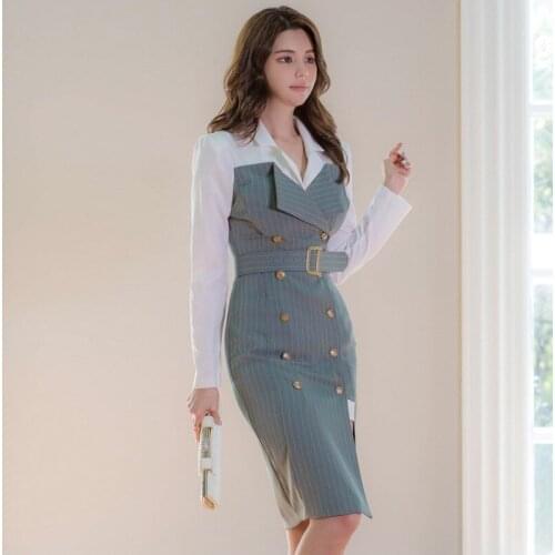 Fashion women patchwork elegant formal dress new arrival work style high quality spring vintage double breasted pencil dress