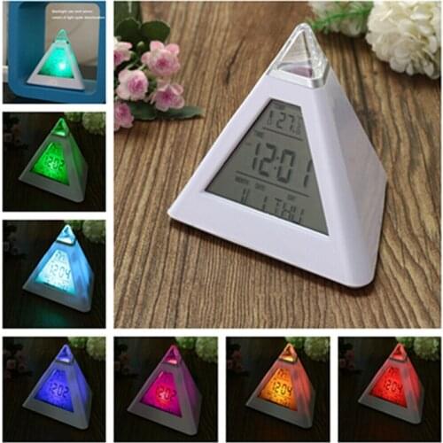 1 Pcs Triangle 7 Colors LED Alarm Clock Electric Digital Calendar Kids Bedroom Decor Clocks Modern Style Luminous Alarm Clocks