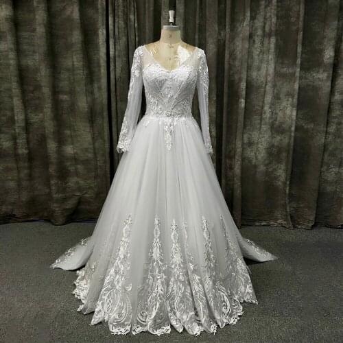 2020 White Long Sleeve Lace Up Cathedral Bridal Wedding Dress Gown with Detachable Overskirt