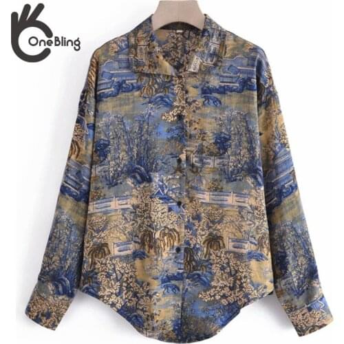 OneBling Za Women 2021 Print Traf Turn Down Collar Blouses Long Sleeve Chic Casual Tops Blusa Feminina Blusas Chemise Femme