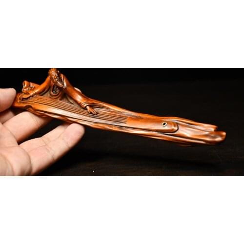 Home Decor 7" Old Boxwood Pure Hand-Carved Statue of Bo Ya Fuqin Incense Fork Bo Ya playing piano incense burner wood carving
