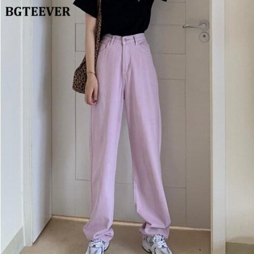 BGTEEVER Stylish Purple Female Straight Jeans 2021 Autumn Chic Fashion High Waist Single Button Loose Women Denim Pants
