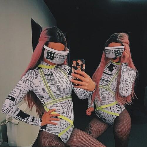 Gogo Dancer Costume Nightclub Costume Holographic Clothes Stage Costume Pole Dance Wear Printing Bodysuit Showgirl Outfi DL7963