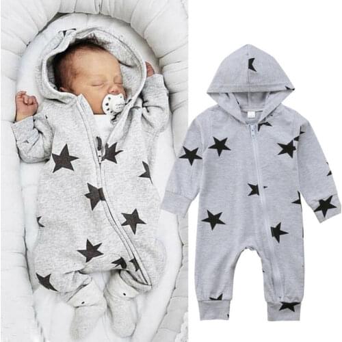 CANIS Autumn Newborn Baby Boy Girl Kids Long Sleeve Star Printed Zipper Hooded Romper Jumpsuit Outfits Cotton Clothes