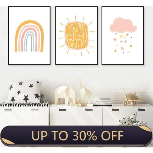 Cartoon Sun Rainbow Print Canvas Painting Nursery Wall Art Pink Star Cloud Poster Nordic Wall Pictures Baby Kids Room Decoration