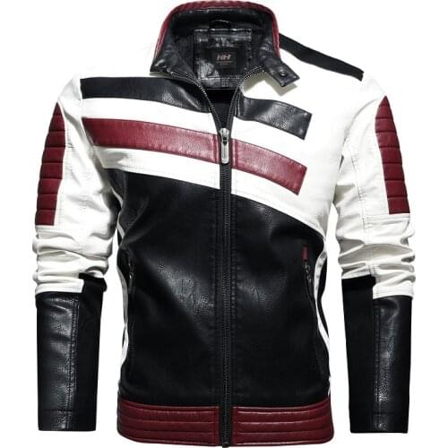 Mens Vintage Motorcycle Jacket Leather Striped Patchwork PU Jacket Autumn Winter Fleece Biker Overcoat Stand Collar Jacket 2021