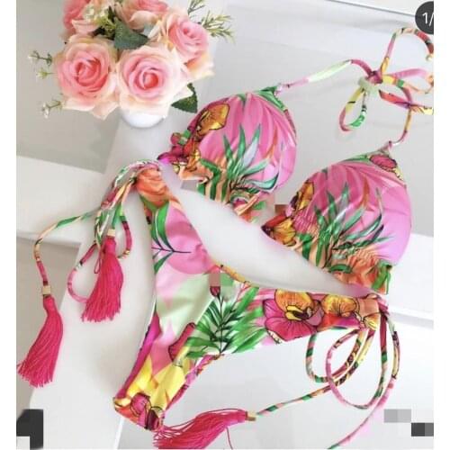 2020 New Bandage Halter Printed Swimsuit Women Swimwear Sexy Push Up Bikini Set Summer Bathing Suit Low Waist Beachwear Biquinis