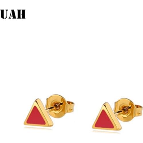 UAH Romantic Red Enamel Triangle Geometric Stud Earrings Minimalist Jewelry for Women Girls Casual Party Earring