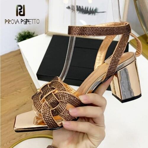 Square toe open toe thick heel sandals summer casual shiny crystal all-match woven hollow high heel sandals women