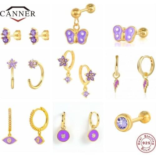CANNER 100% 925 Sterling Silver Purple Zircon Crystal Stud Earrings for Women Piercing Cartilage Earring Jewelry Pendients Gifts