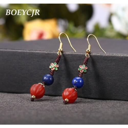 BOEYCJR Ethnic Stone Beads Drop Earrings Handmade Ethnic Design Fashion Jewelry Vintage Rope Dangle Earrings for Women