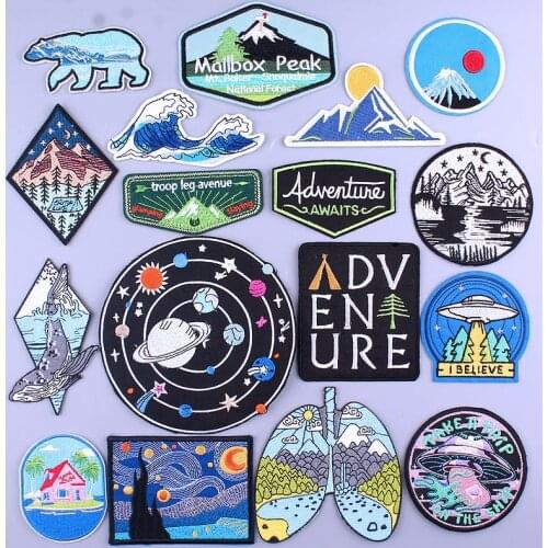 Embroidered Patch Adventure Travel Patch Iron On Patches For Clothing Mountains Space Nature Embroidery Patches Sticker Stripe