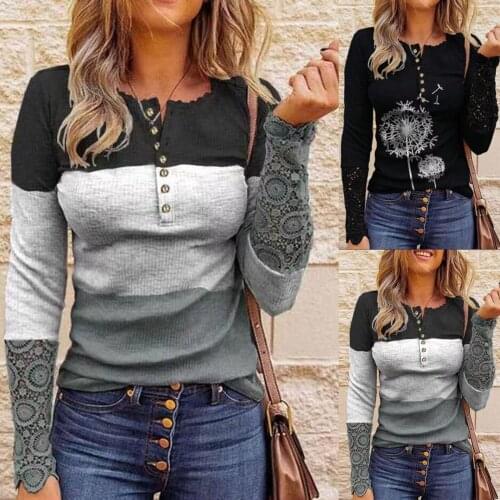 WomenS Blouse With Dandelion Print Lace Stitching Long-Sleeved O-Neck Shirt Tops In Different Models roupas femininas 40