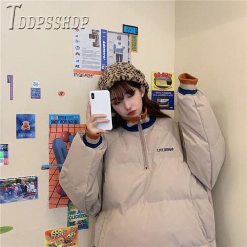 Harajuku Preppy Style Contrast Color Women Parkas Turtleneck Bread Style Female Coat