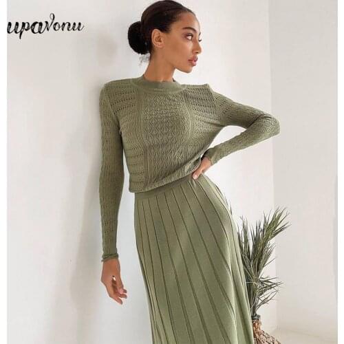 Free Shipping 2021 New Elegant Ladies Knit Skirt Set O-Neck Long Sleeve Striped Pullover & Tight Midi Skirt Two-piece Sets