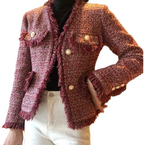 2020 New Women Retro Elegant Plaid Short office Jacket Coat Office Lady Autumn Tassel Single-Breasted Tweed Coat Fringe LT967S50