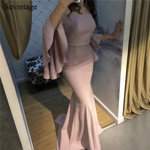 Sevintage Mermaid Boat Neck Prom Dresses Long Trumpet Sleeve Beaded Satin Evening Gowns Women Formal Dress Vestido De Festa