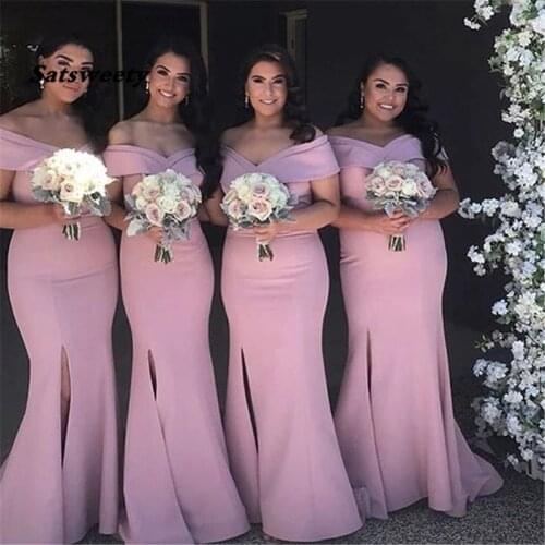 Ready Ship Mermaid Bridesmaids Dresses Long Satin Of the Shoudler Bridesmaid Dress Sleeveless Split Side for Wedding Party