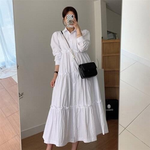 2021 New Loose Ruffles Shirt White Dress Long Sleeve Turn Down Collar Big Swing Maxi Dresses for Women Korea Runway Vestidos
