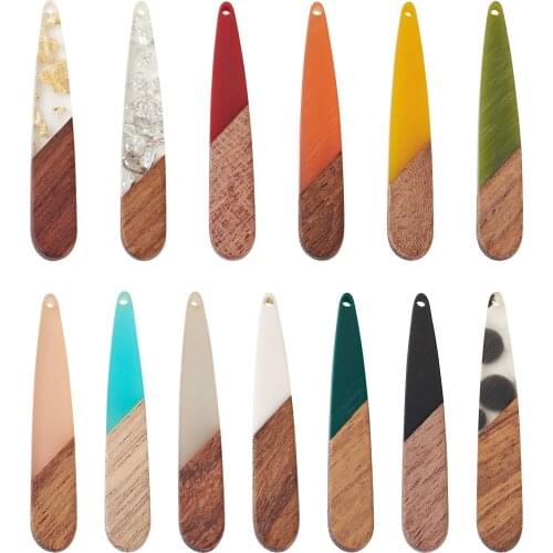 18~26Pcs Mixed Styles Resin & Walnut Wood Pendants Mixed Color Two Tone Teardrop & Rectangle Shape DIY Jewelry Making Findings