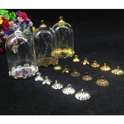 300sets/lot 38*25mm mix color bell jars shape glass globe crown base cap diy glass vial pendant handmade empty crystal finding