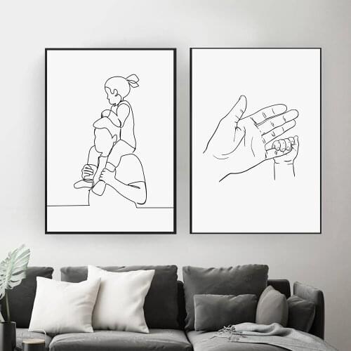 Abstract Single Line Drawing Father Daughter and Baby Hands Black White Poster Wall Art Canvas Painting Decoration for Bedroom