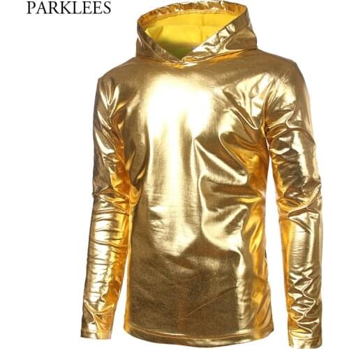 Shiny Gold Coated Metallic Thin Hoodie Sweatshirt 2018 Fashion Nightclub Wear Hoodies Sweatshirts Men Women Hip Hop Hoody Tops
