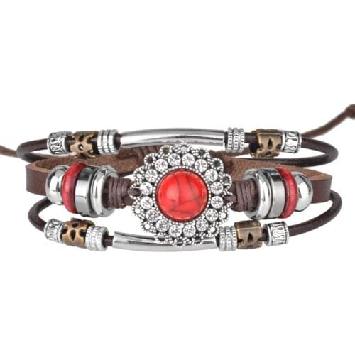 Handmade Boho Jewelry Leather Bracelets red Turquoises Multilayer Triple Beaded Wrap Bracelet for Men Women gift