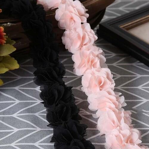 10Yards Close Flowers 3D Chiffon Cluster Flowers Wedding Lace Fabric Red Pink Trim Applique Trimming Sewing Supplies 5cm Width
