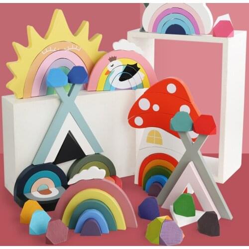 Wooden Rainbow Toys 3D DIY Assembled House Cloud Building Blocks Set Children Montessori Educational Stacked Balance Toy