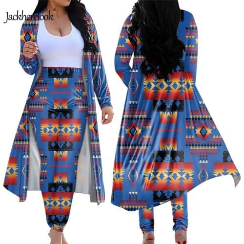Jackherelook Africa Tribal Classic Ethnic Print 2 Piece Women Cardigan Long Trench Tops Bodycon Pant Suit Boho Two Piece Outfits