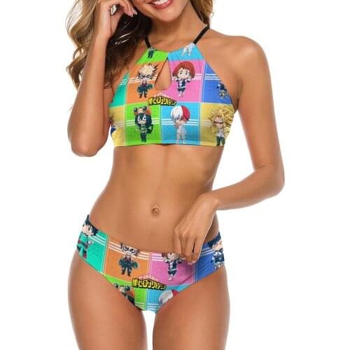 MHA Anime Tankinis Swimsuits Cosplay Women My Hero Academia 3D High Neck Sling Top Bikinis Shorts 2-Piece Sexy Bathing Suits