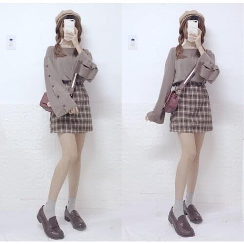 Sweet Womens 2Pcs Set: Flare Sleeves Knitwear Shirt+Brown Plaid A-line Mini Skirt Cute Autumn Winter Spring Women Fashion Girl