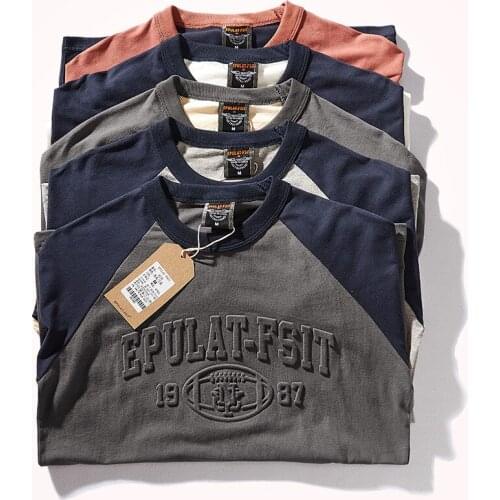 Autumn Long Sleeve O-neck 3D Printed T-shirt Mens Fashion Contrast Splicing Raglan Sleeve Pure Cotton Washed Old Casual Tops