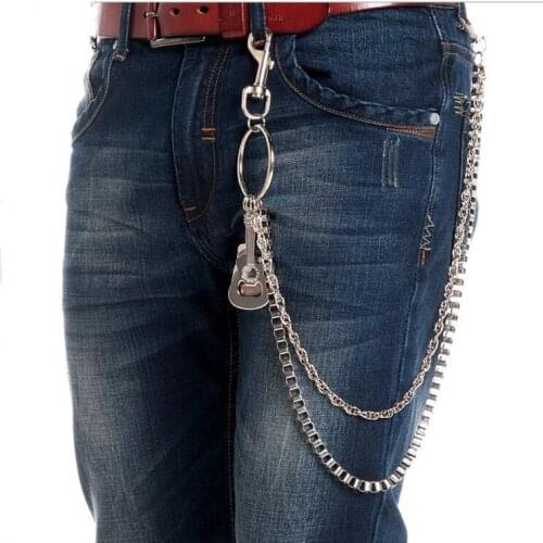 Men silver Gunmetal Wallet Chains Links KeyChain Jeans Punk Leather Guitar piano Belt Chain Fashion 2 Layers Trousers Waist Chai