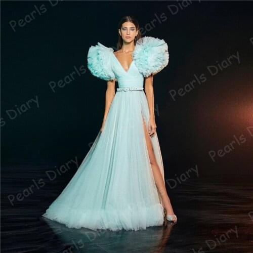 Mint Green Tulle A-line Evening Dresses 2021 High Side Split Long Evening Gowns Middle East Puff Ruffles On Shoulder Prom Gowns
