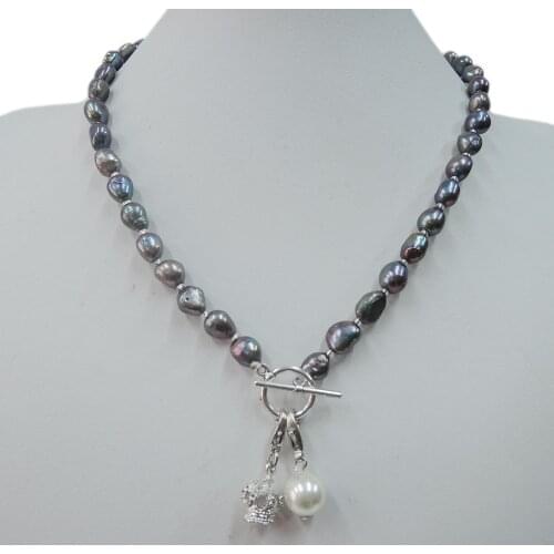 100% NATURE FRESHWATER PEARL NECKLACE WITH NICE Crown or Eiffel tower pendant .black baroque pearl