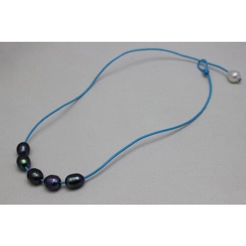 Handmade Leather Pearl Jewelry Blue Leather 5 Black 1 White Freshwater Pearl Necklace 18'' No Meatal