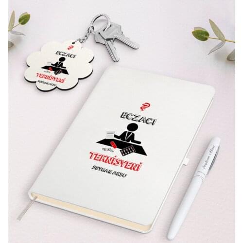 Personalized Pharmacist Technician White Notebook Pen and Keychain Gift Seti-3 Reliable Quality Gift Casual Design Moment