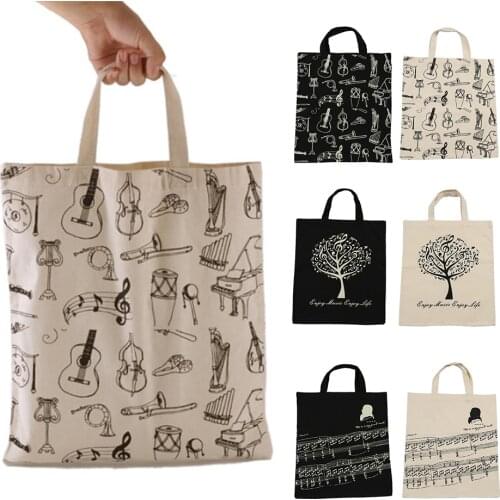 Portable Cotton and Linen Music Score Handbag Musical Elements Tote Shopping Bag Keyboard Pattern Musical Instruments music bag