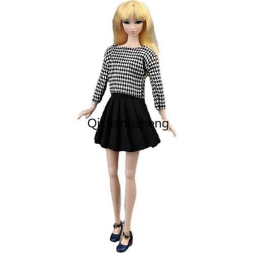 Black Houndstooth Plaid Shirt 1/6 BJD Doll Clothes for Barbie Clothes Top Pleated Skirt Outfits 30cm Dolls Accessories Toys Gift
