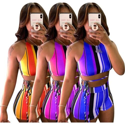 Sexy Print Striped Shorts Set Women Summer Halter Bandage Backless crop Top And High Waist Shorts Suits Matching Sets Beachwear
